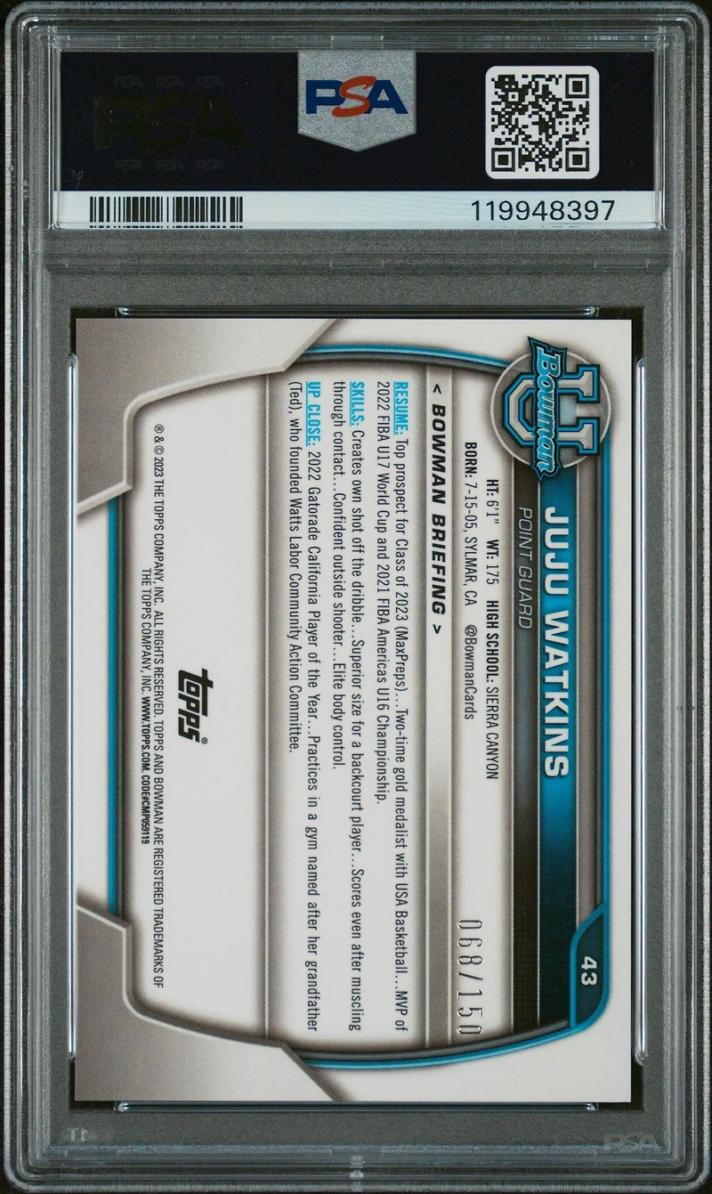 2022 Bowman Chrome University 43 Juju Watkins Fuchsia Mini Diamond Refractor PSA 10