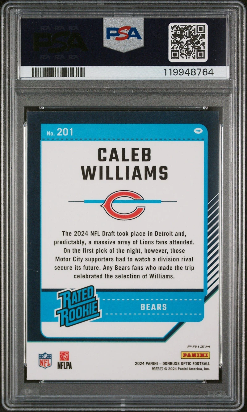 2024 Panini Donruss Optic 201 Caleb Williams Purple Shock PSA 9