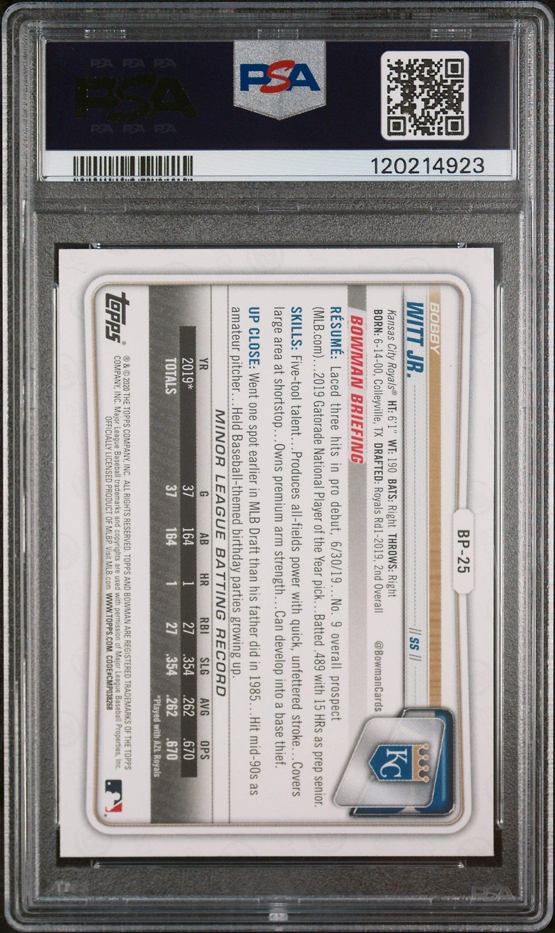 2020 Bowman Paper Prospects Bp25 Bobby Witt Jr. PSA
