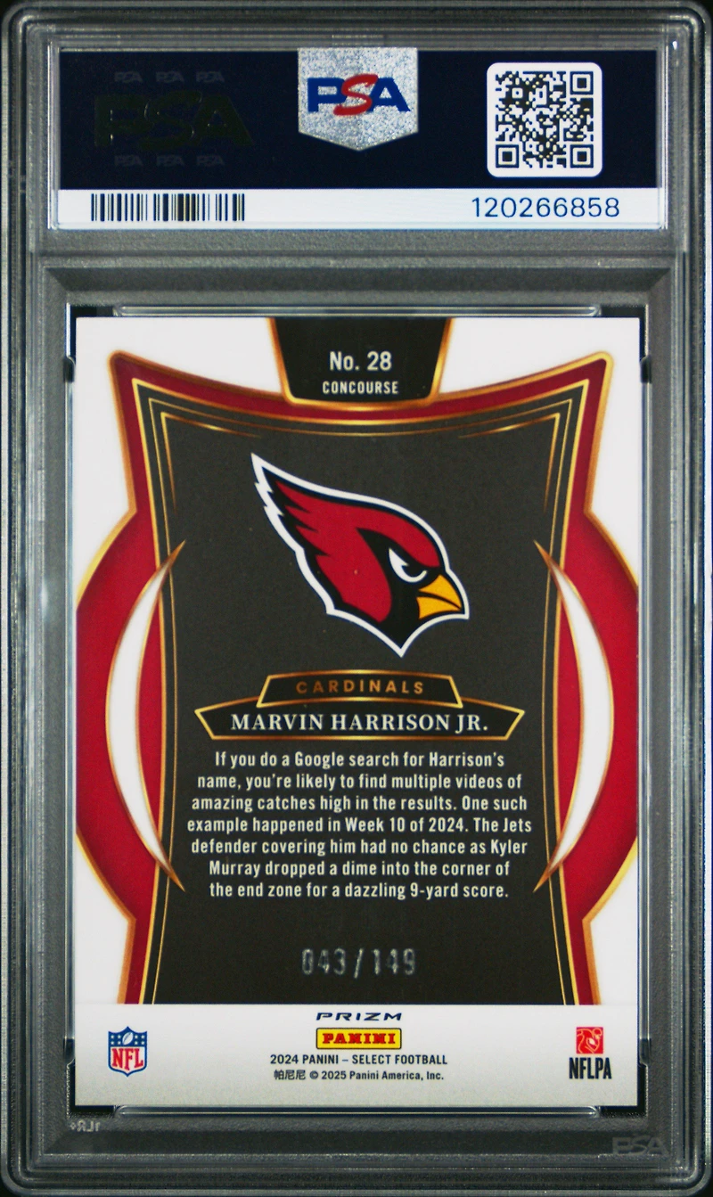 2024 Panini Select 28 Marvin Harrison Jr. Maroon Prizm PSA 10