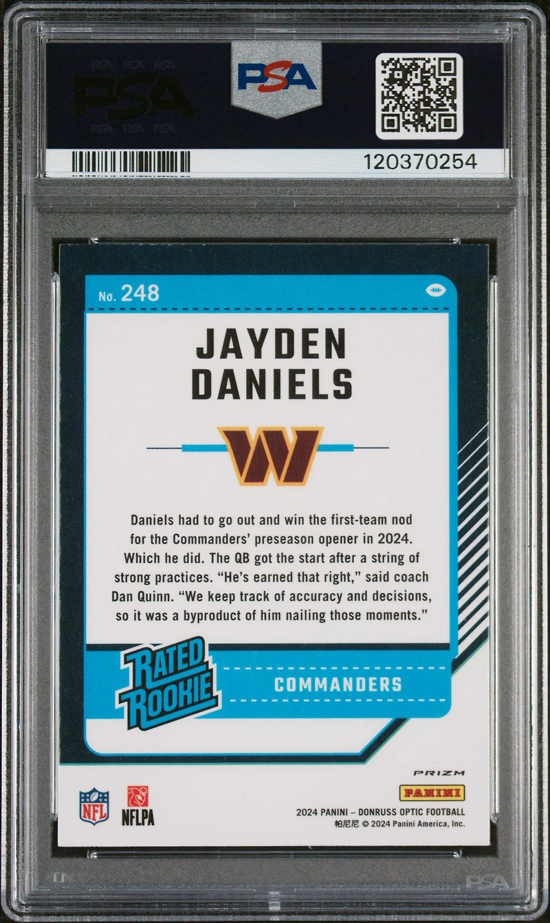 2024 Panini Donruss Optic 248 Jayden Daniels Purple Scope PSA 10