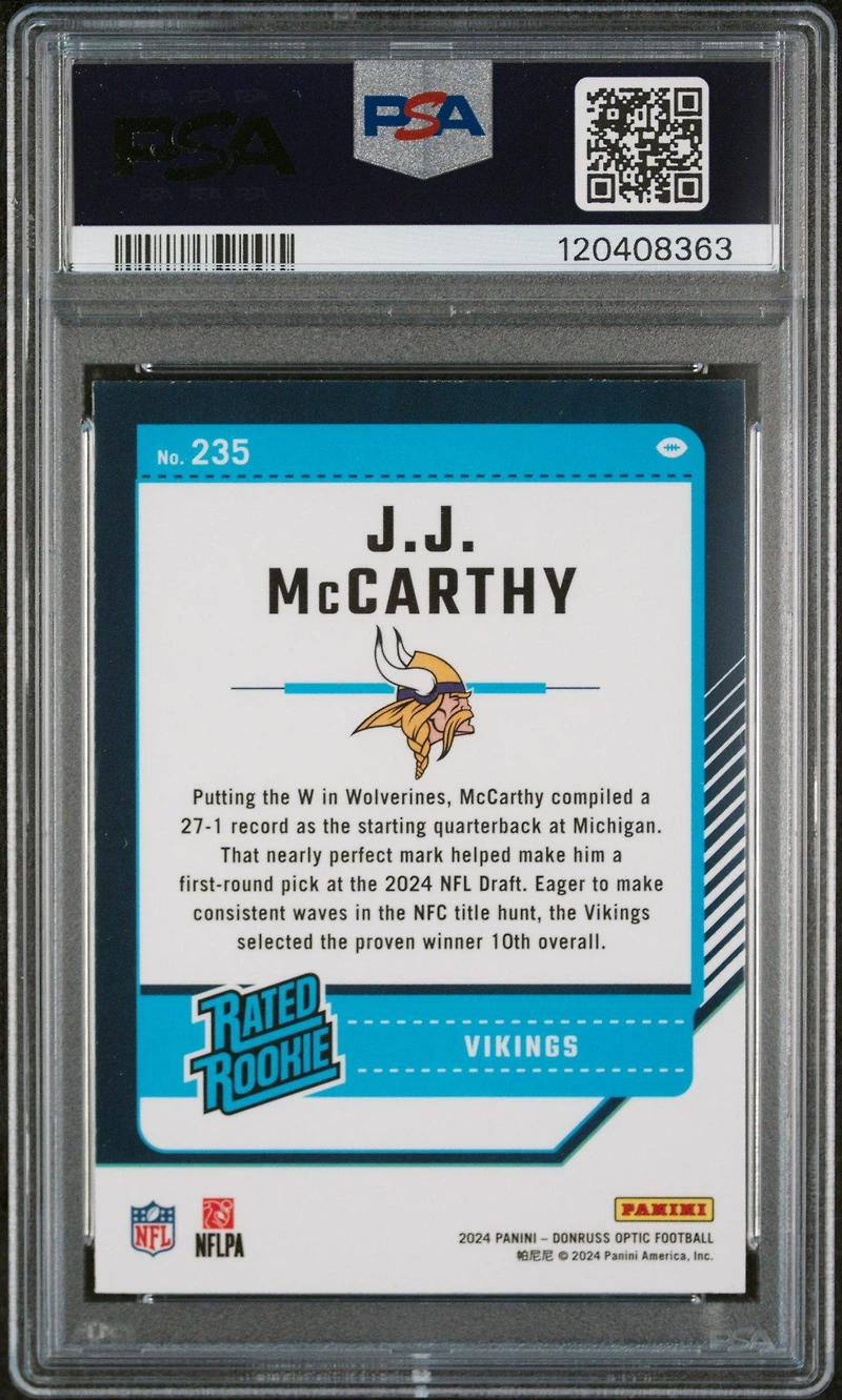 2024 Panini Donruss Optic 235 Jj Mccarthy PSA 10