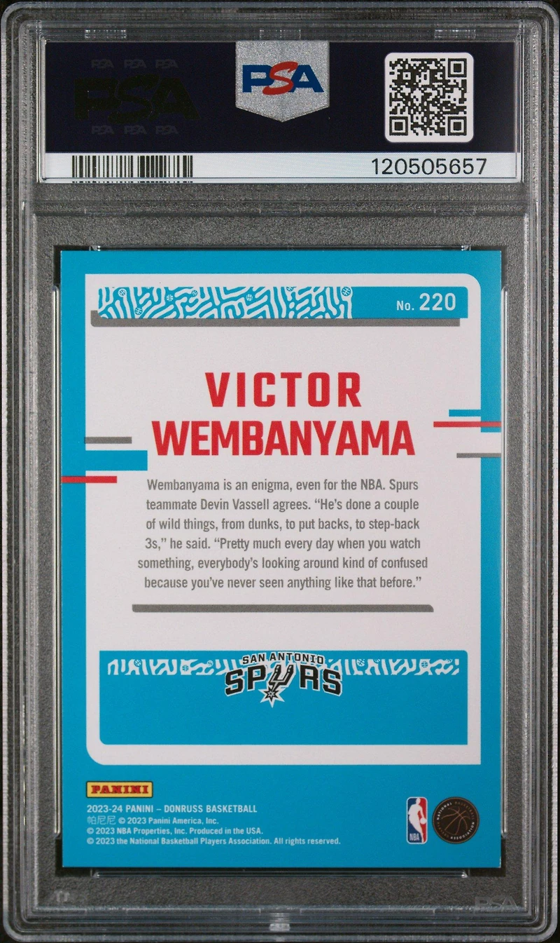 2023 Panini Donruss 220 Victor Wembanyama Holo Purple Laser PSA 8