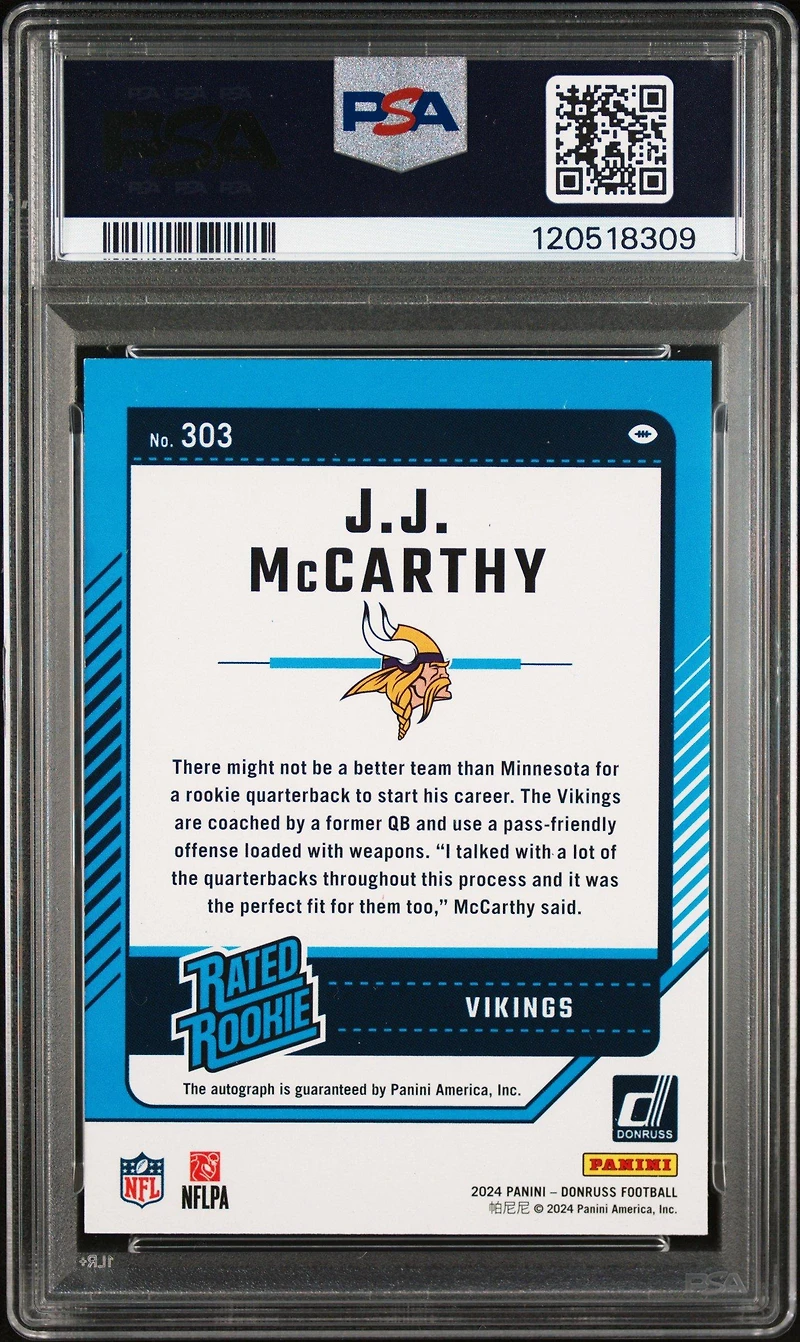 2024 Panini Donruss 303 Jj Mccarthy Autograph PSA 8