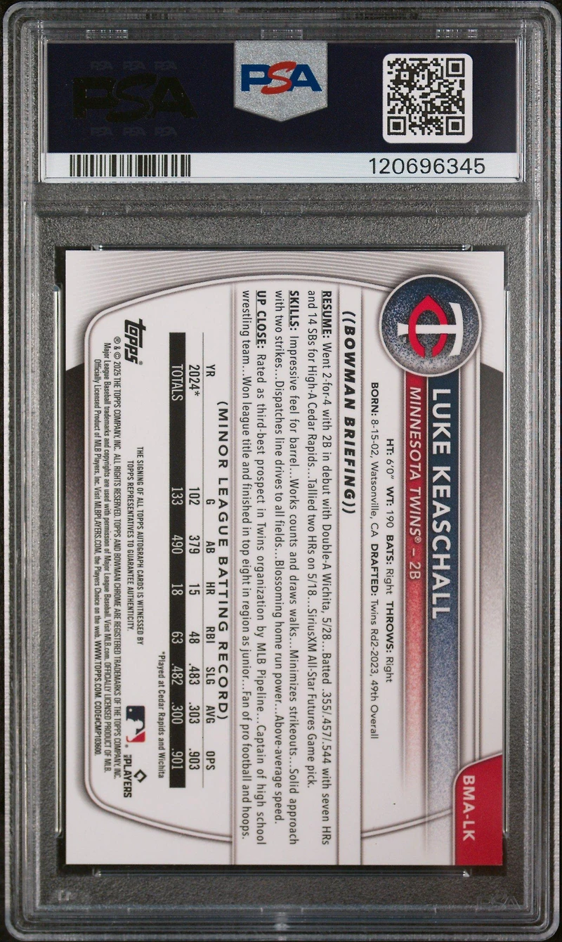 2025 Bowman Mega Box Bowman Prospect Mega Autographs Lk Luke Keaschall PSA 10