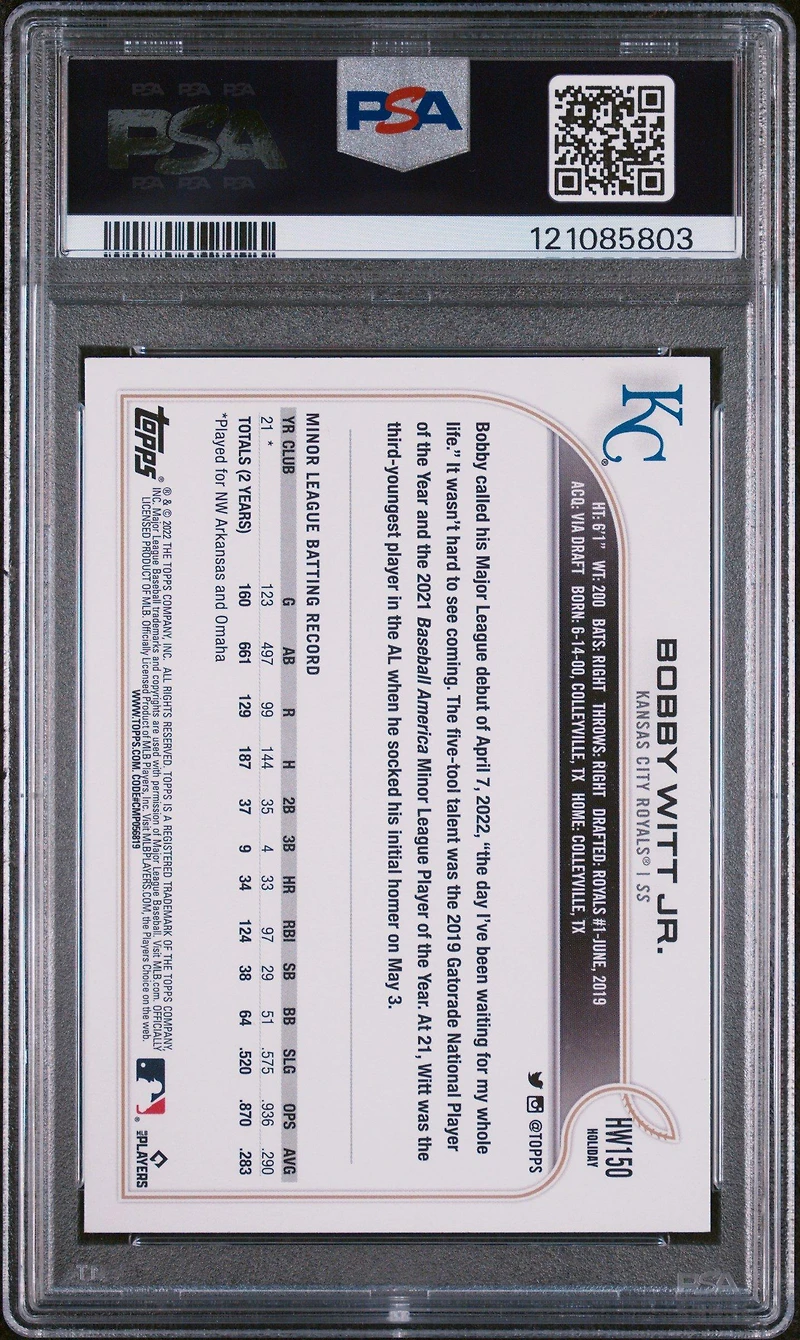 2022 Topps Holiday Hw150 Bobby Witt Jr. Sp PSA 10