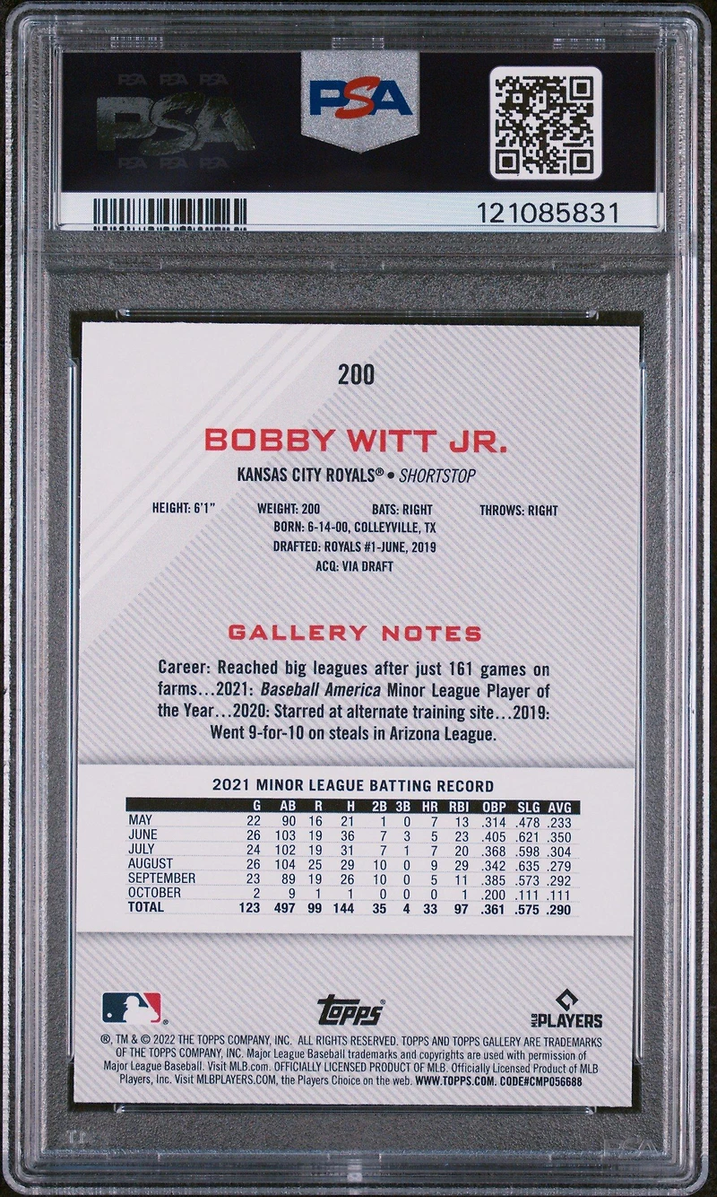 2022 Topps Gallery 200 Bobby Witt Jr. Printer Proof PSA 10