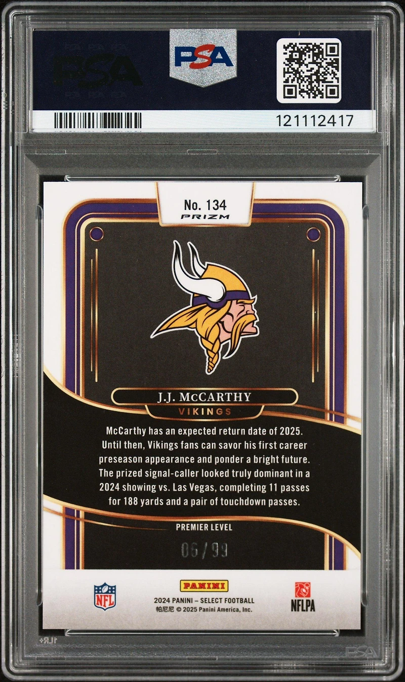 2024 Panini Select 134 Jj Mccarthy Light Blue Prizm PSA 10