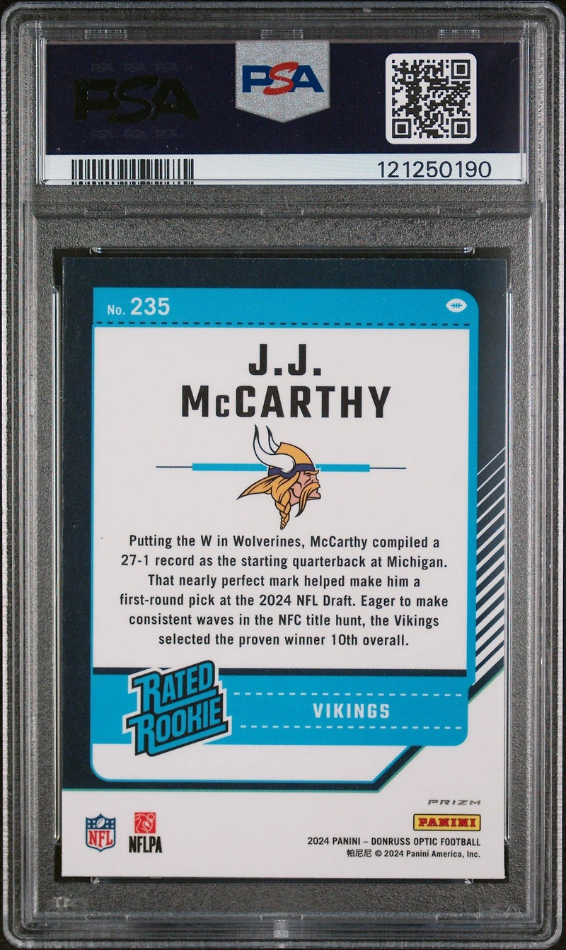 2024 Panini Donruss Optic 235 Jj Mccarthy Blue Glitter PSA 9