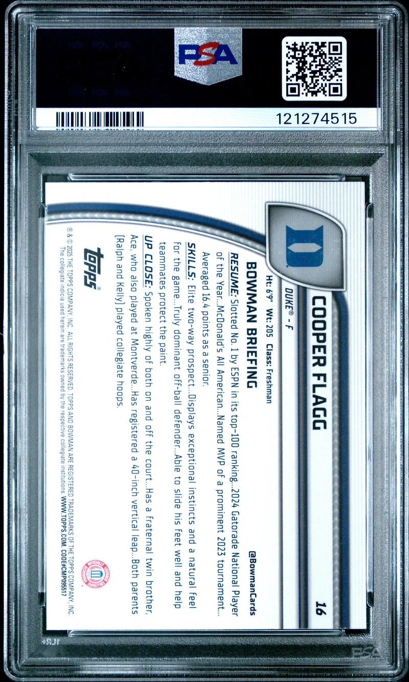 2024 Bowman Chrome University 16 Cooper Flagg PSA 10