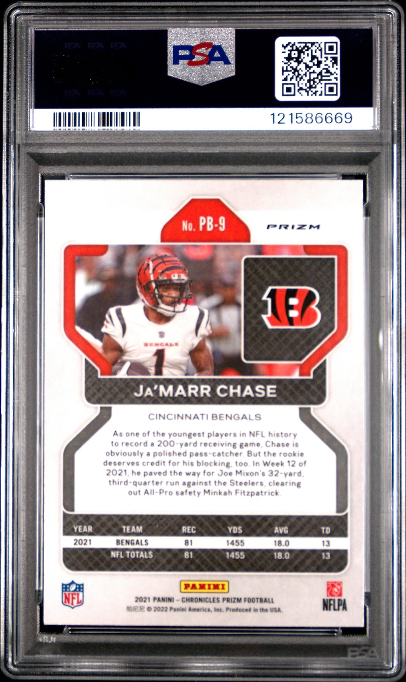 2021 Panini Chronicles Prizm Black Pb-9 Ja’marr Chase Silver PSA 9