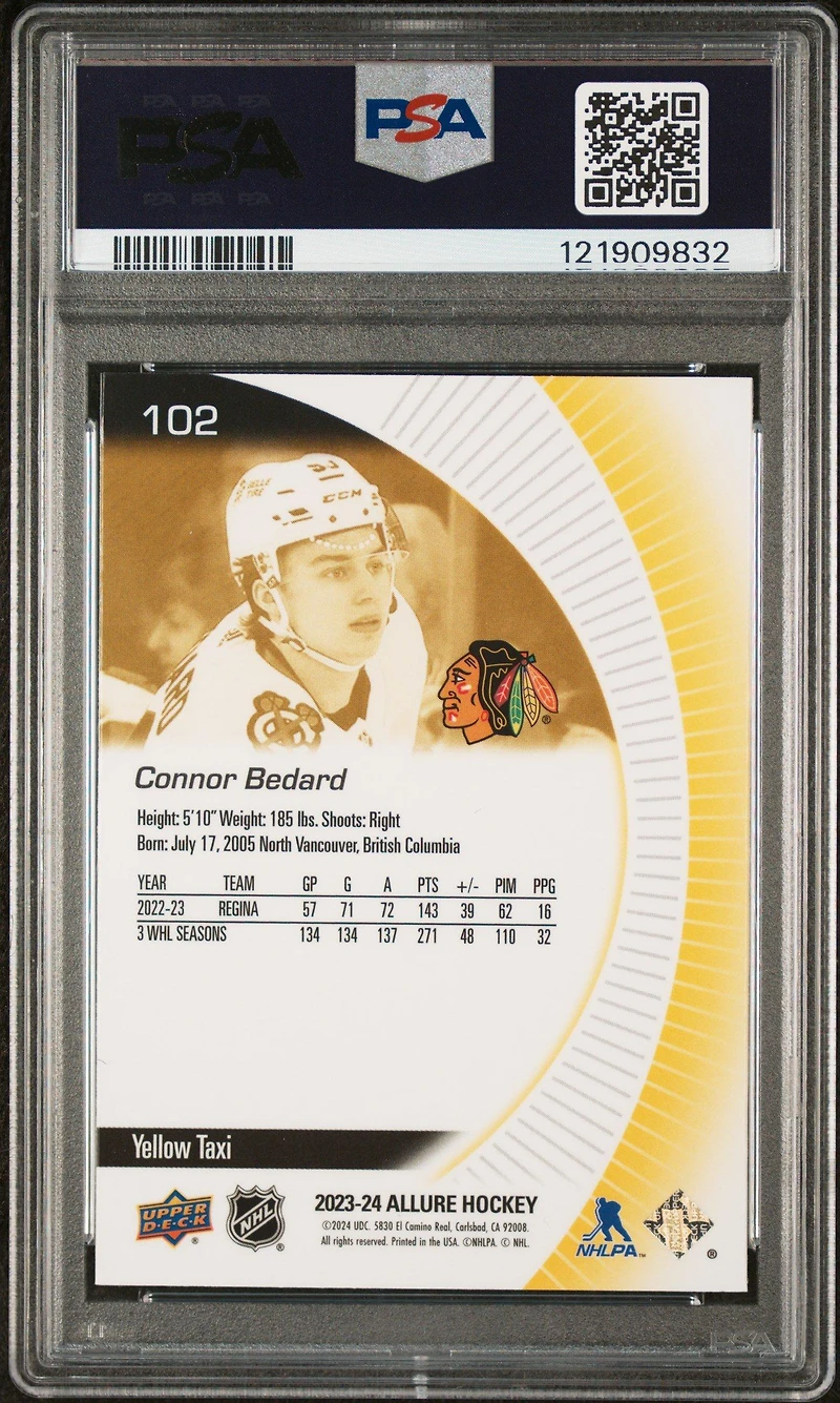 2023 Upper Deck Allure 102 Connor Bedard Yellow Taxi PSA 10