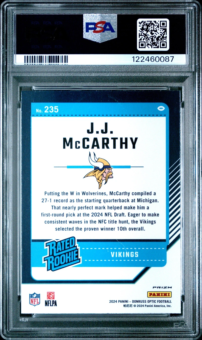 2024 Panini Donruss Optic 235 Jj Mccarthy Blue Hyper PSA 10