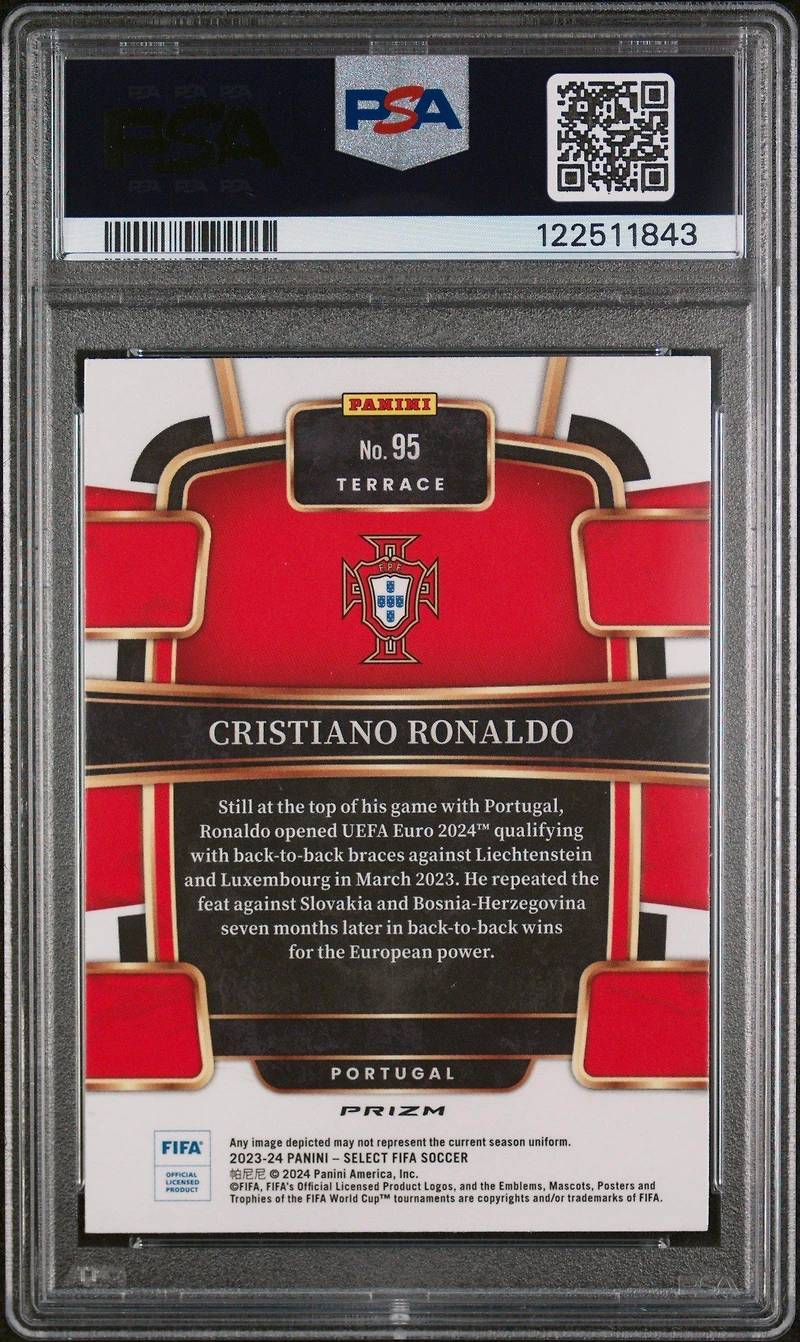 2023-24 Panini Select Fifa 95 Cristiano Ronaldo Purple Mojo PSA 10