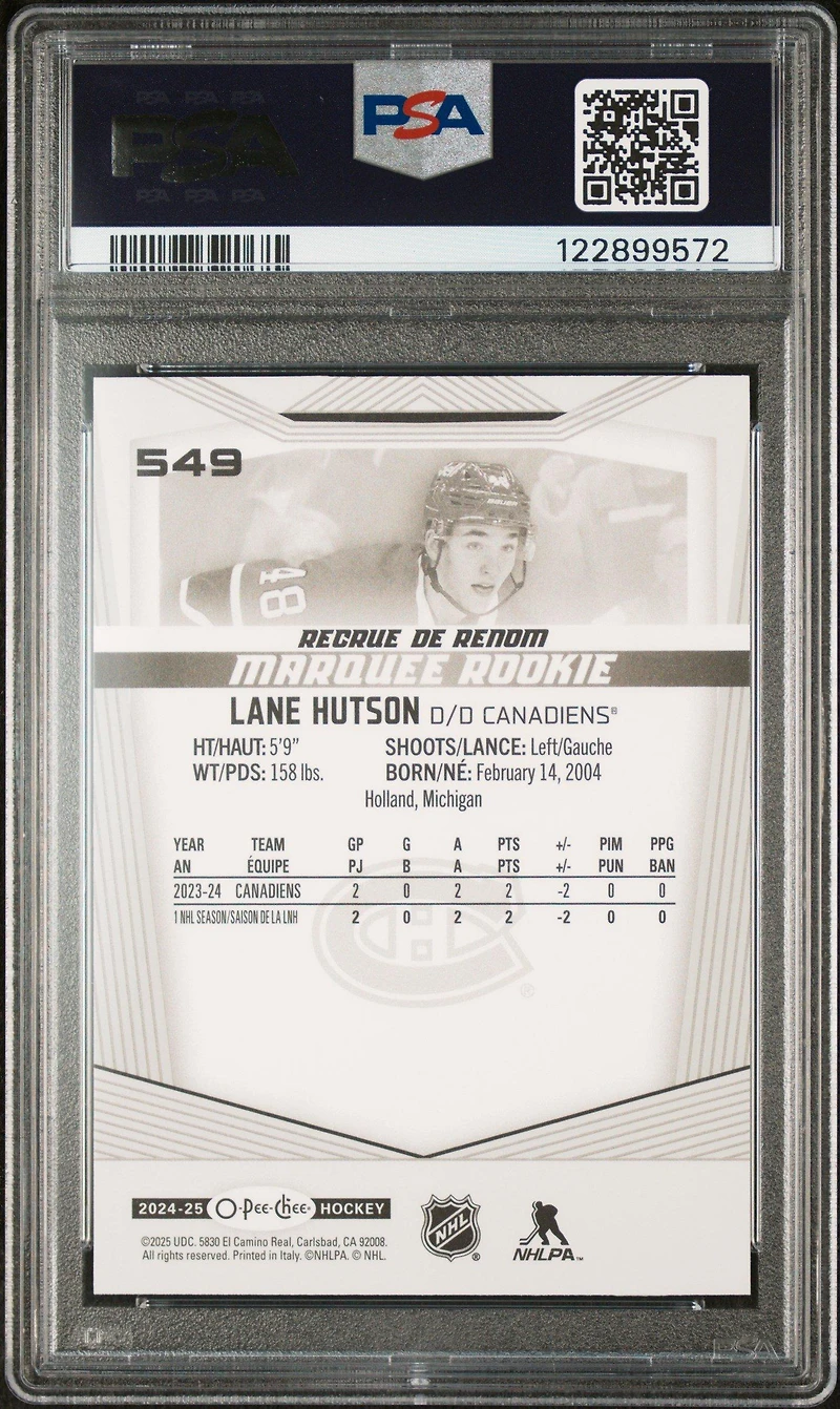 2024 Upper Deck O-pee-chee 549 Lane Hutson PSA 10