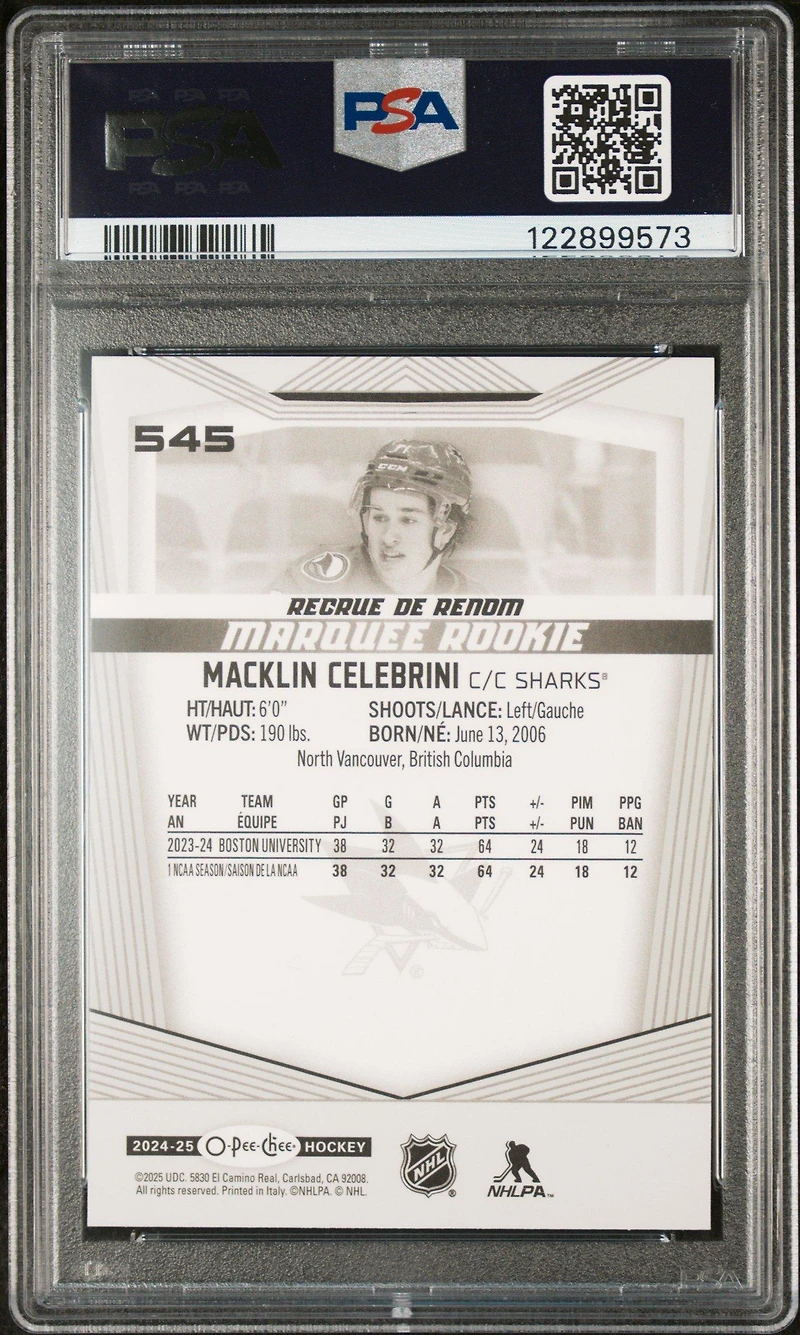 2024 Upper Deck O-pee-chee 545 Macklin Celebrini PSA 10