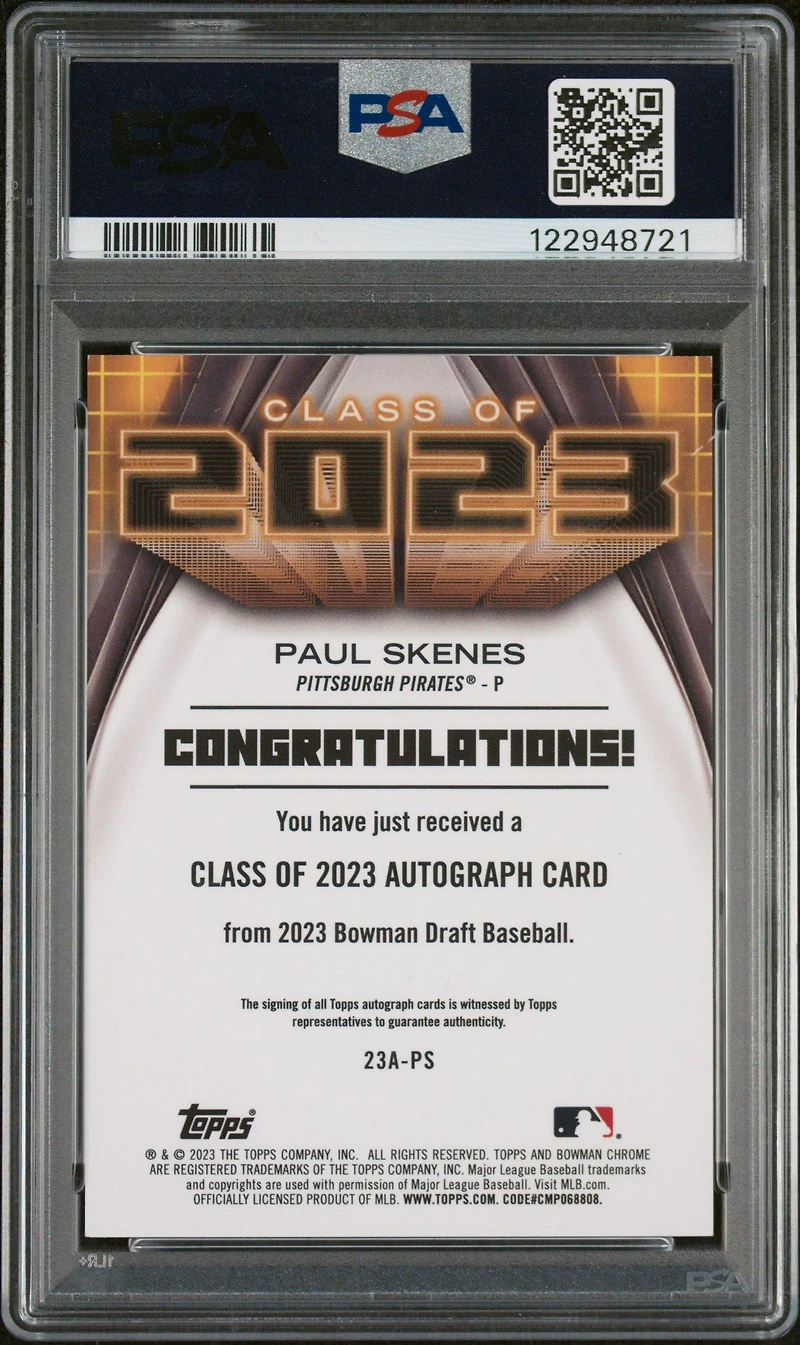 2023 Bowman Draft Class Of 2023 Autograph 23aps Paul Skenes PSA 9