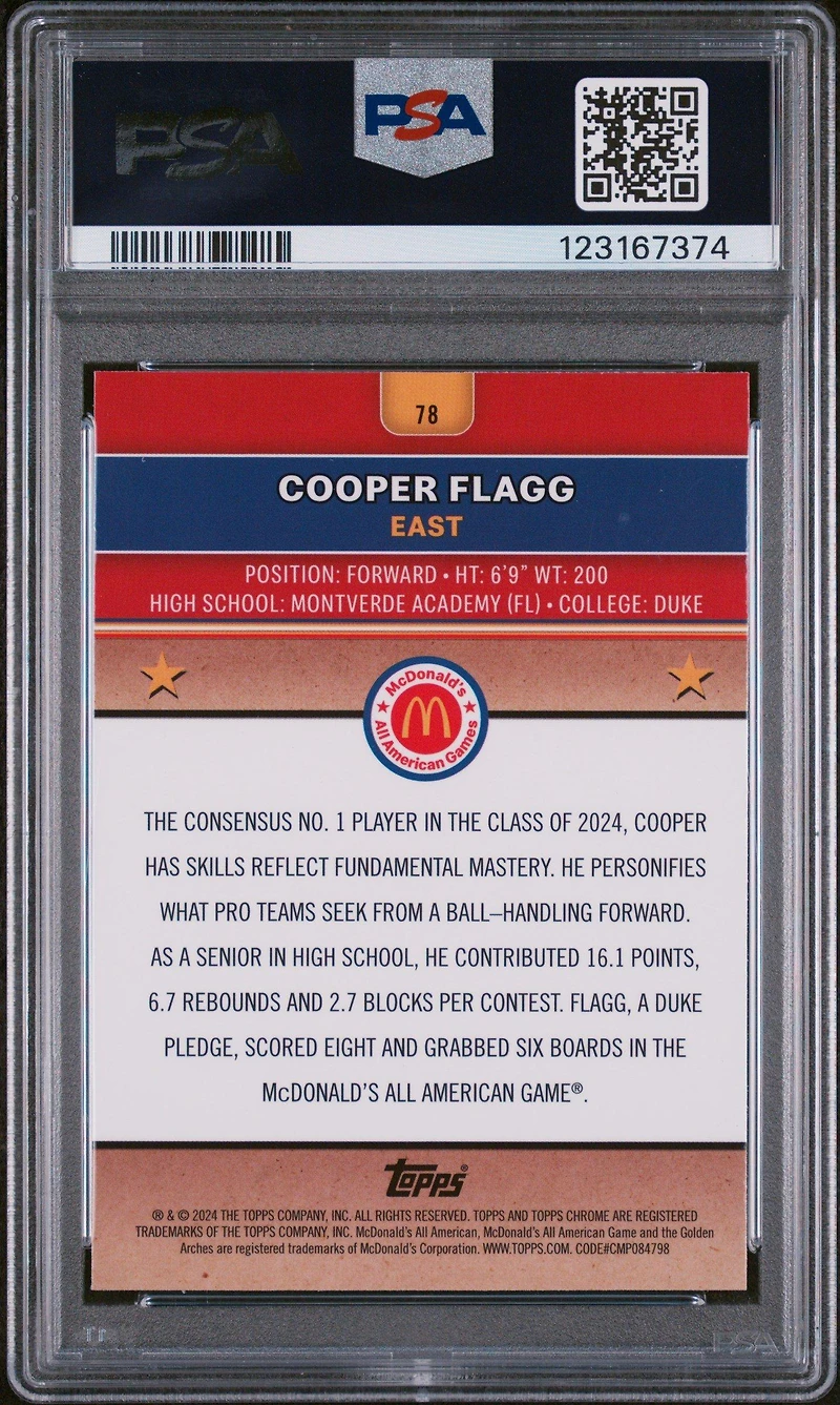 2024 Topps Chrome Mcdonald's All American Cooper Flagg PSA 9