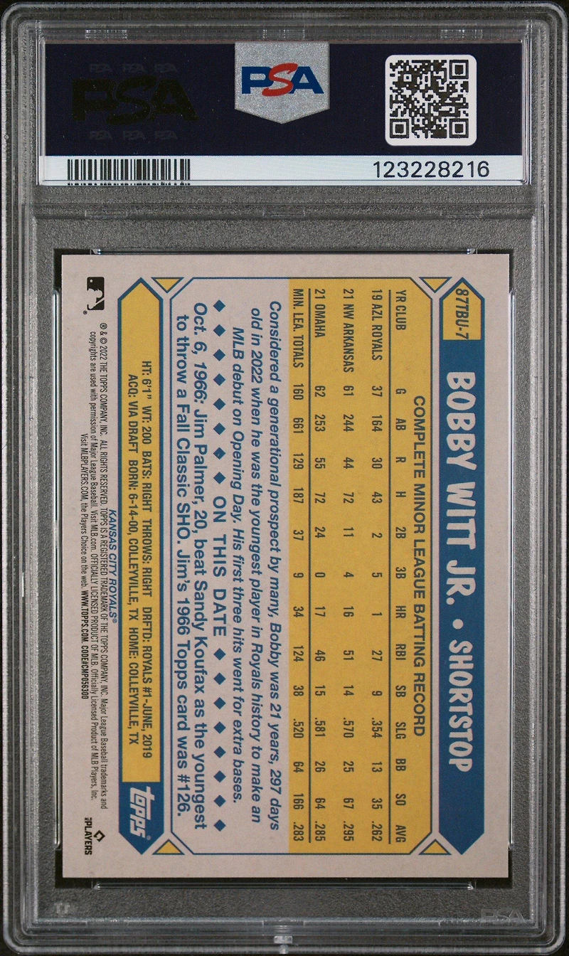 2022 Topps Update 1987 Topps Baseball 87tbu7 Bobby Witt Jr. PSA 9