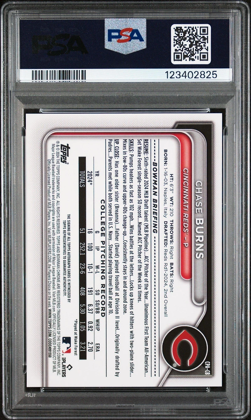 2024 Bowman Draft Chrome Prospect Autographs Cpacb Chase Burns PSA 10
