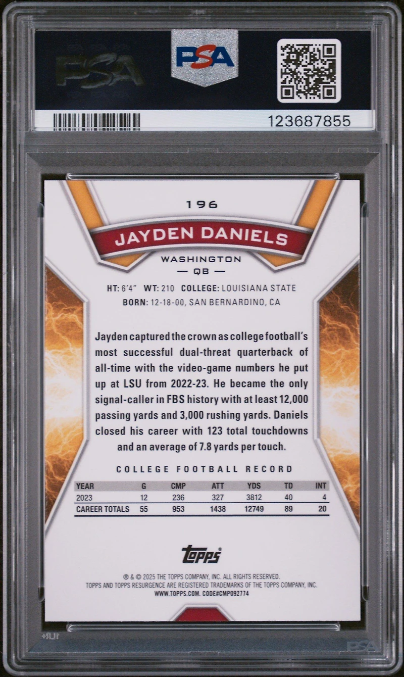 2024 Topps Resurgence 196 Jayden Daniels Sky Blue & Pink Shock PSA 10