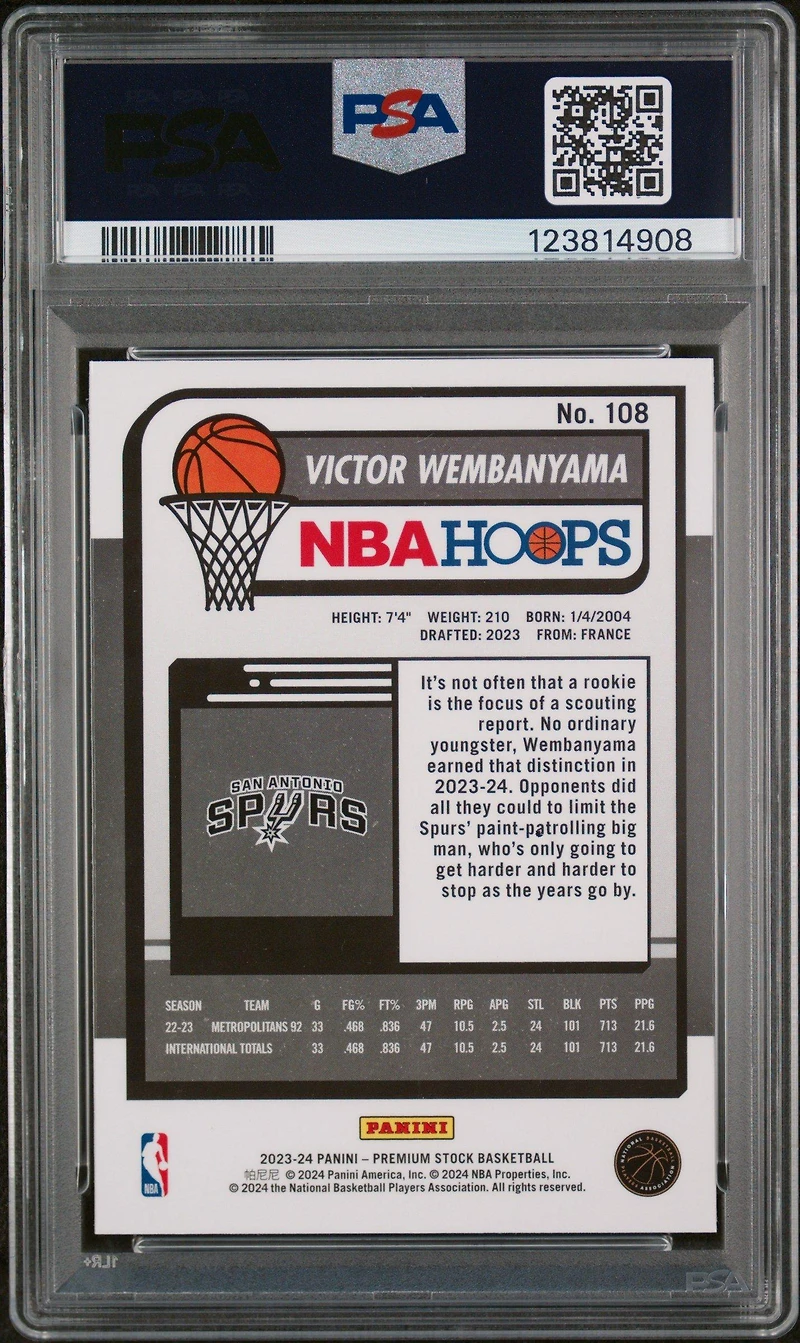2023 Panini Hoops Premium Stock 108 Victor Wembanyama PSA