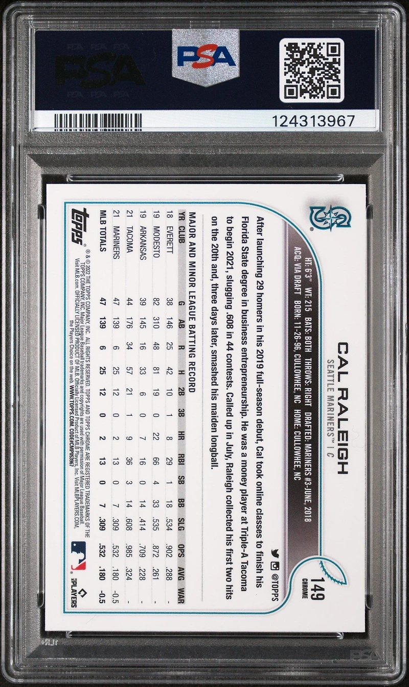 2022 Topps Chrome 149 Cal Raleigh Sepia Refractor PSA 10