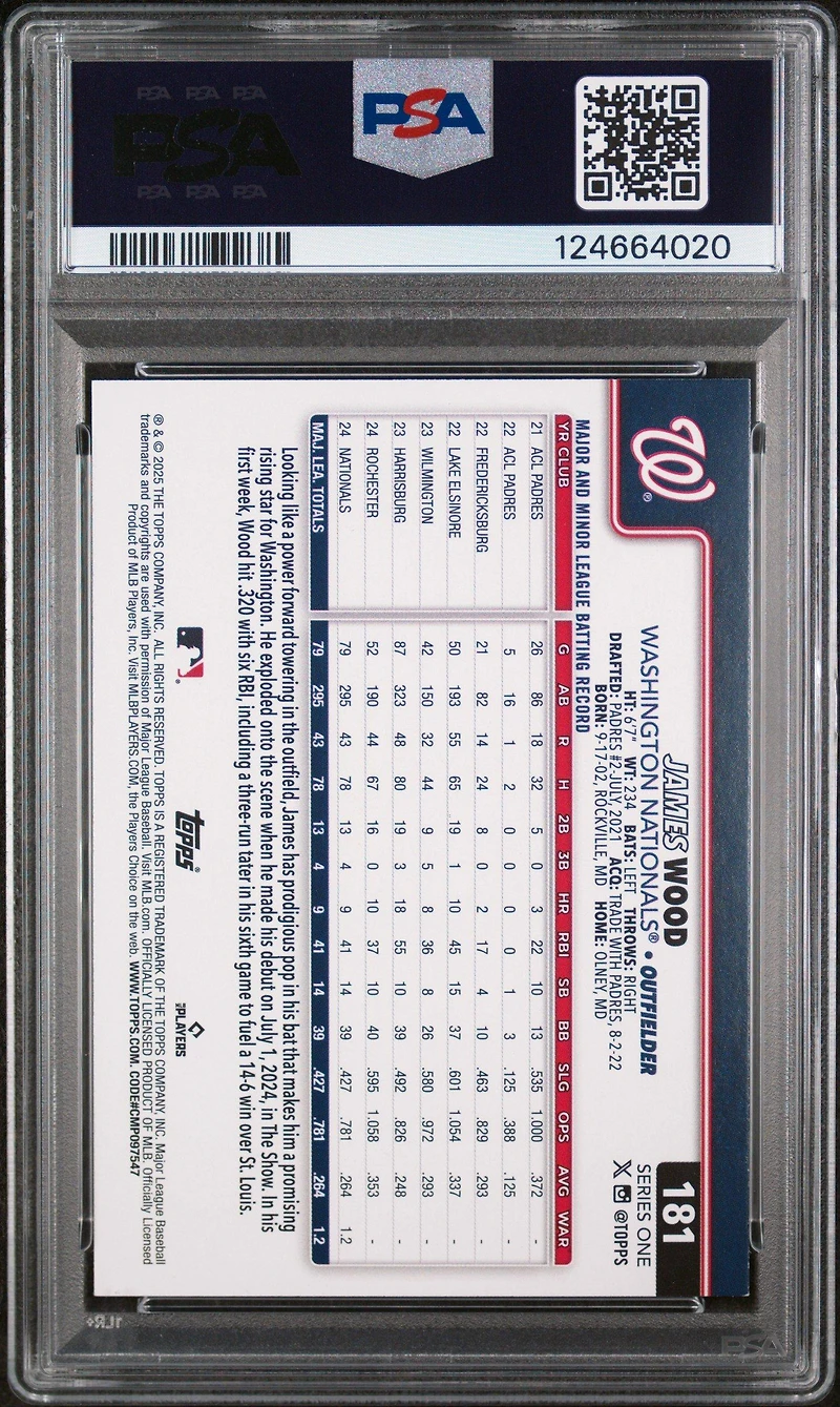 2025 Topps 181 James Wood Holo Foil PSA 9