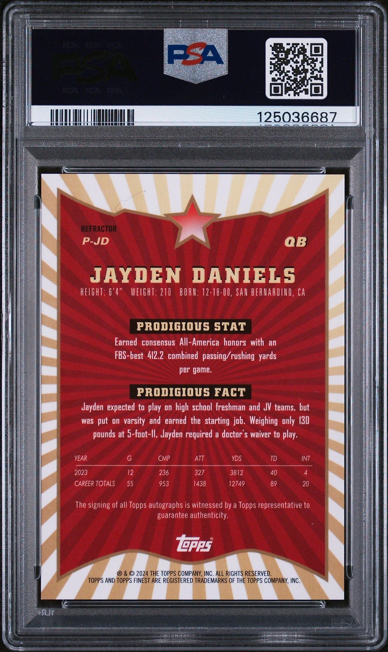 2024 Topps Finest Prodigies Autographs Pjd Jayden Daniels Refractor PSA 9