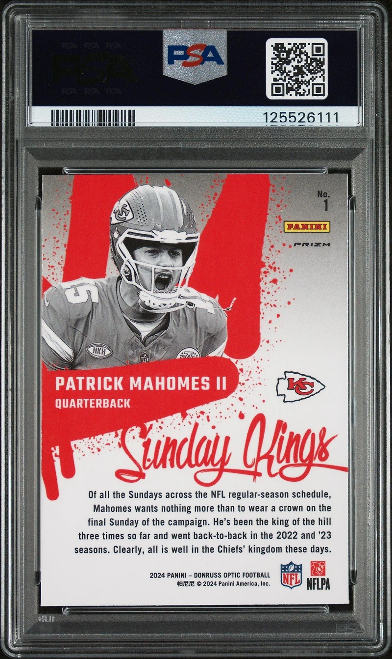 2024 Panini Donruss Optic Sunday Kings 1 Patrick Mahomes Ii PSA 10