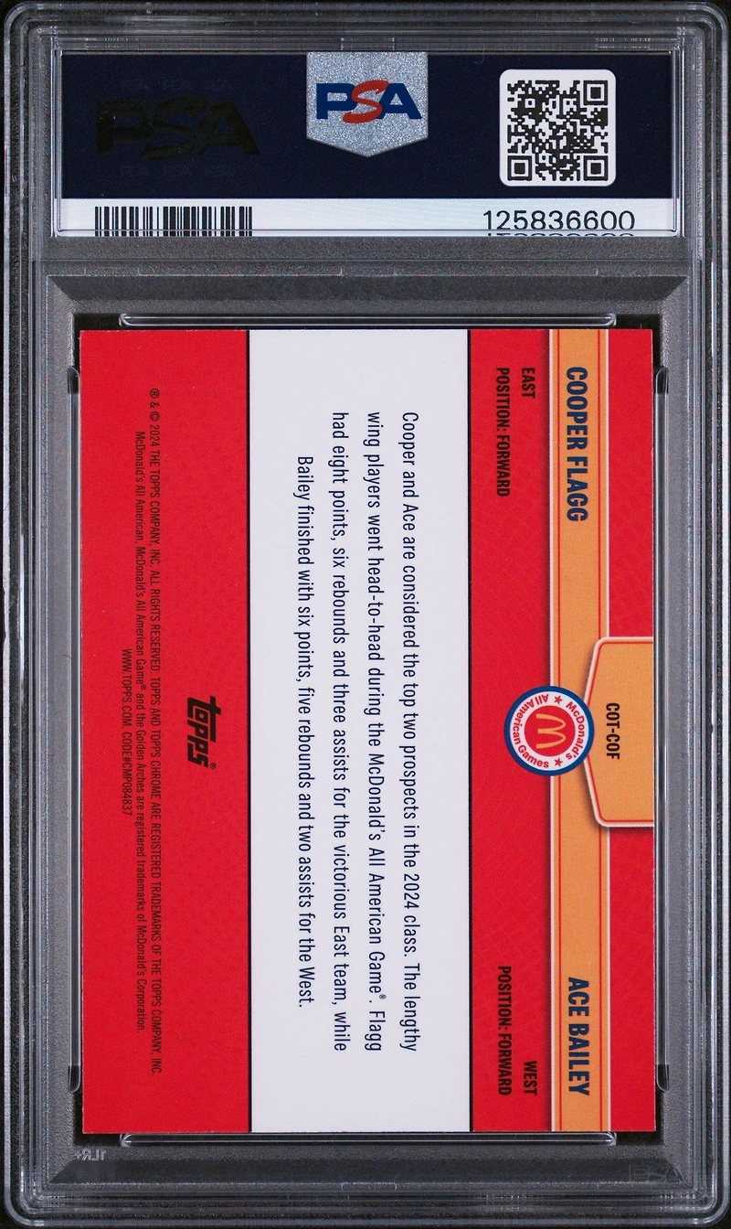 2024 Topps Chrome Mcdonald's All American Combo Talents Cof Ace Bailey/cooper Flagg Blue Raywave PSA 10