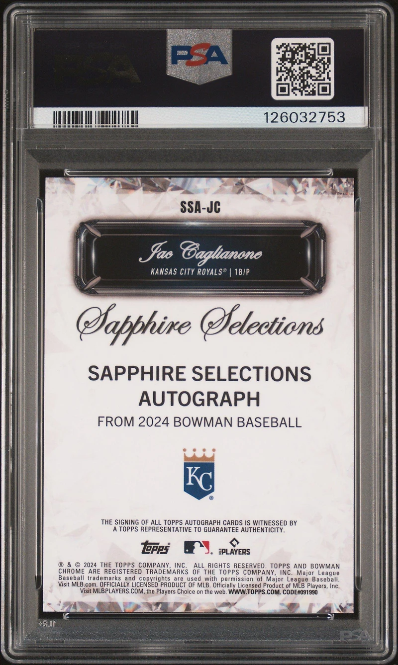 2024 Bowman Draft Sapphire Edition Sapphire Selections Autographs Ssajc Jac Caglianone PSA 10