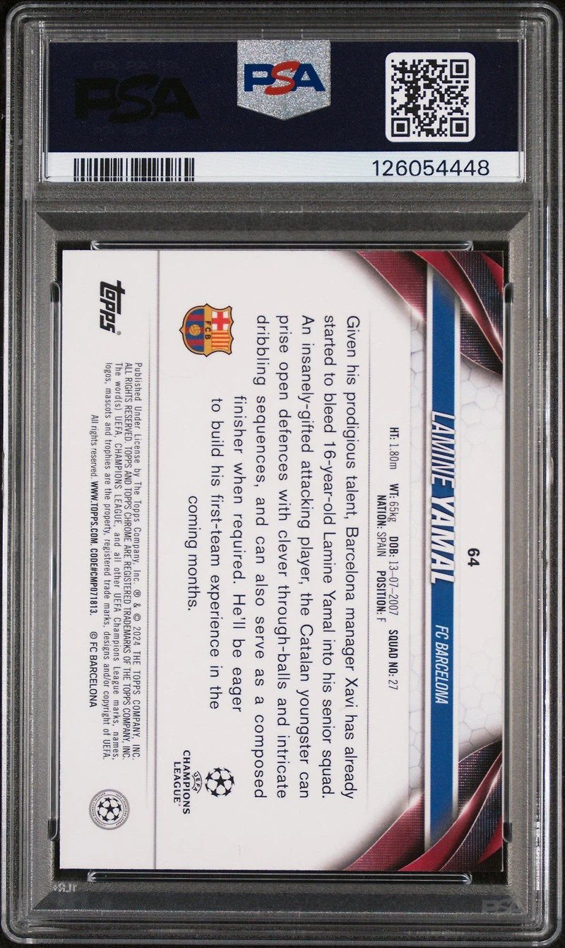2023-24 Topps Chrome Uefa Club Competitions 64 Lamine Yamal Aqua Prism Refractor PSA
