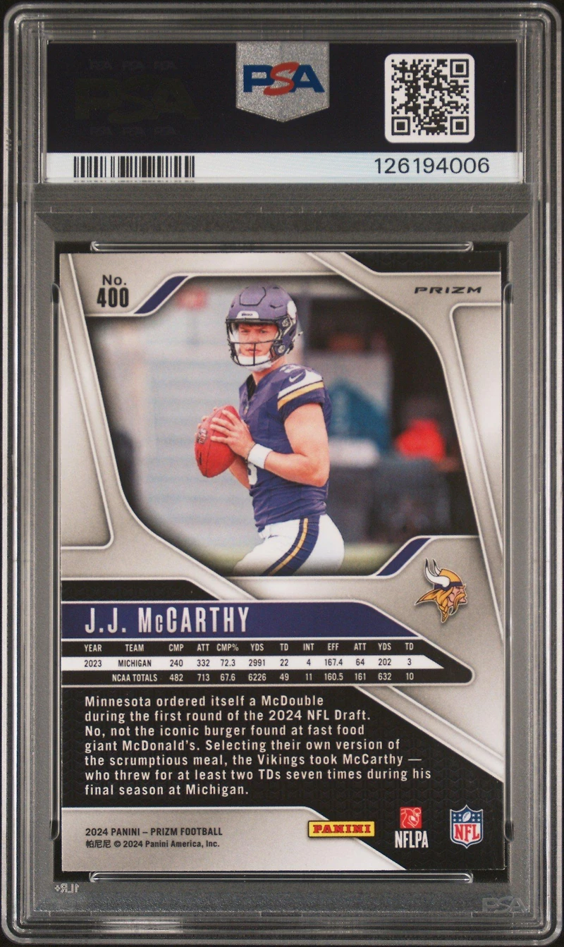 2024 Panini Prizm 400 Jj Mccarthy Disco Prizm PSA 9