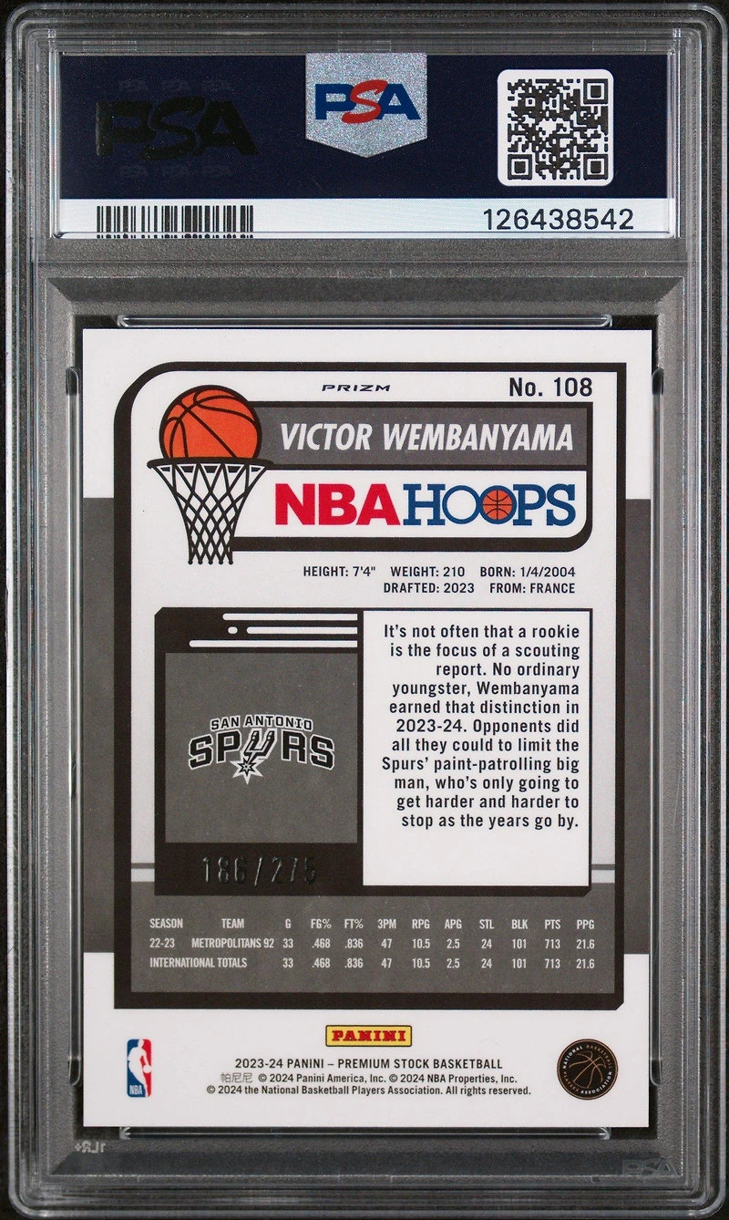 2023 Panini Hoops Premium Stock 108 Victor Wembanyama Red Prizm PSA 10