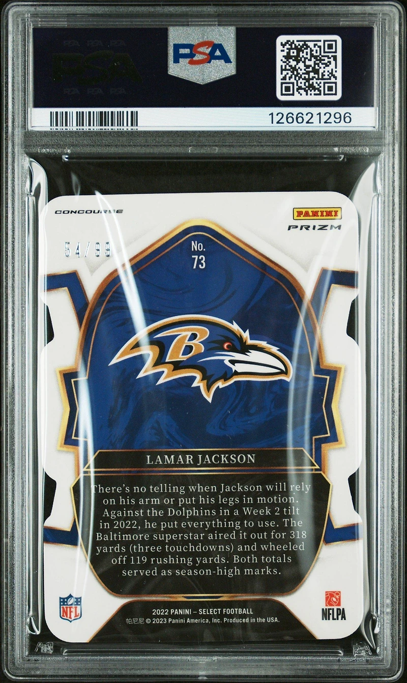 2022 Panini Select 73 Lamar Jackson Die-cut White Prizm PSA 10