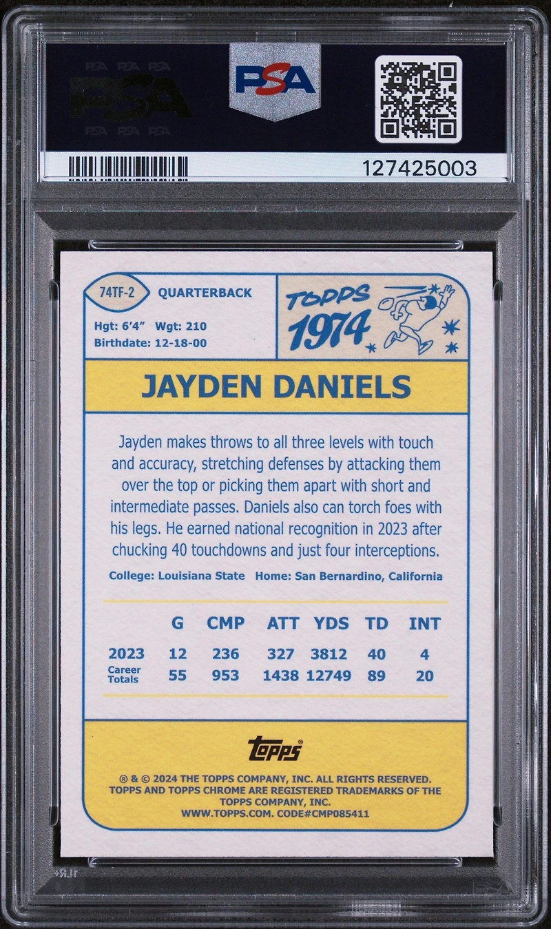 2024 Topps Chrome 1974 Topps Football 74tf2 Jayden Daniels Lazer Refractor PSA 10