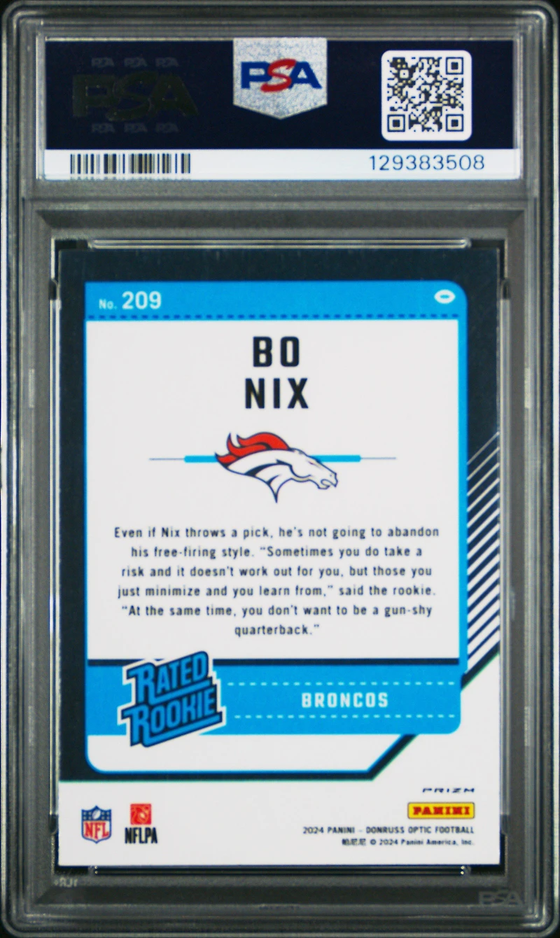 2024 Panini Donruss Optic 209 Bo Nix Purple Scope PSA 10