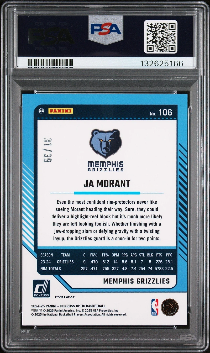 2024 Panini Donruss Optic 106 Ja Morant Black Velocity PSA 9