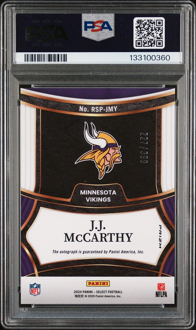 2024 Panini Select Rookie Signatures Rspjmy Jj Mccarthy PSA 9