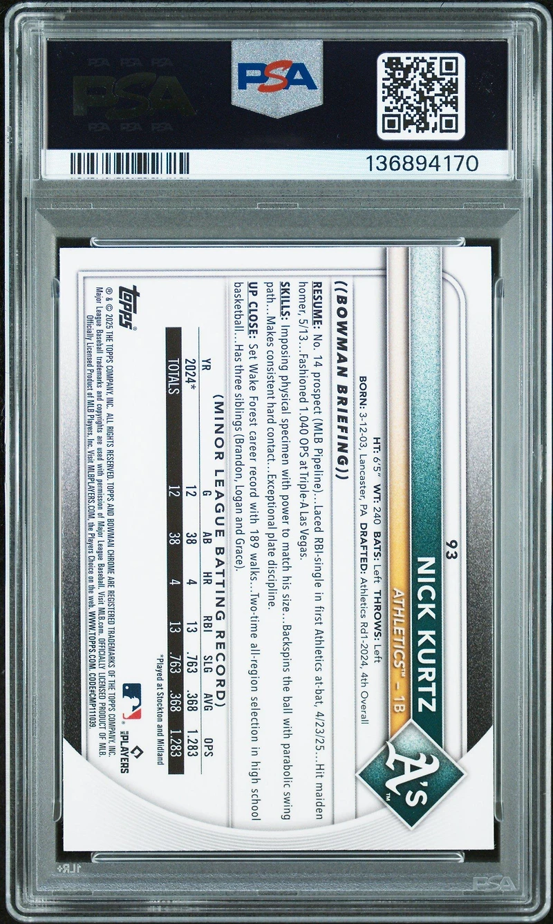 2025 Bowman Chrome Mega Box 93 Nick Kurtz PSA 9