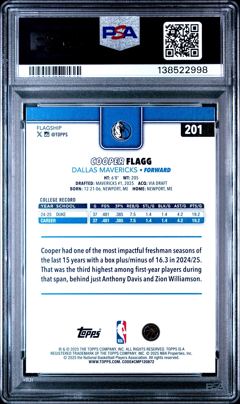 2025 Topps 201 Cooper Flagg PSA