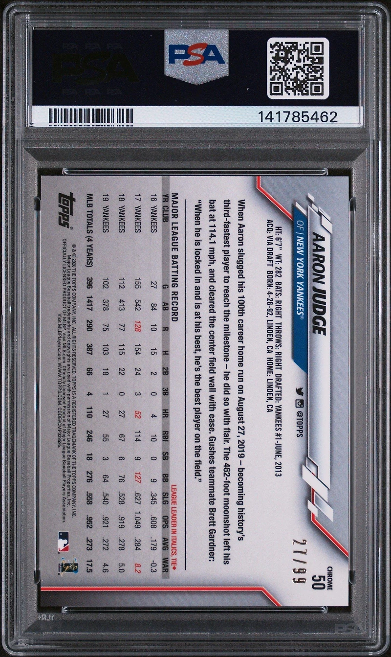 2020 Topps Chrome 50 Aaron Judge Green Refractor PSA 10