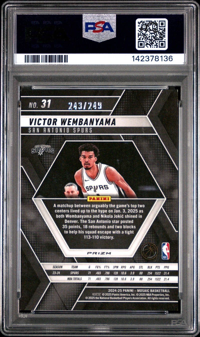 2024 Panini Mosaic 31 Victor Wembanyama Purple Fluorescent PSA 10