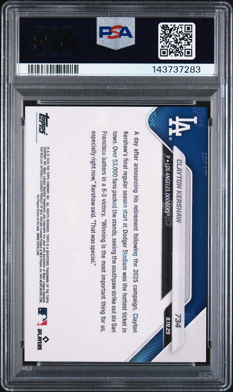 2025 Topps Now 734 Clayton Kershaw PSA 10