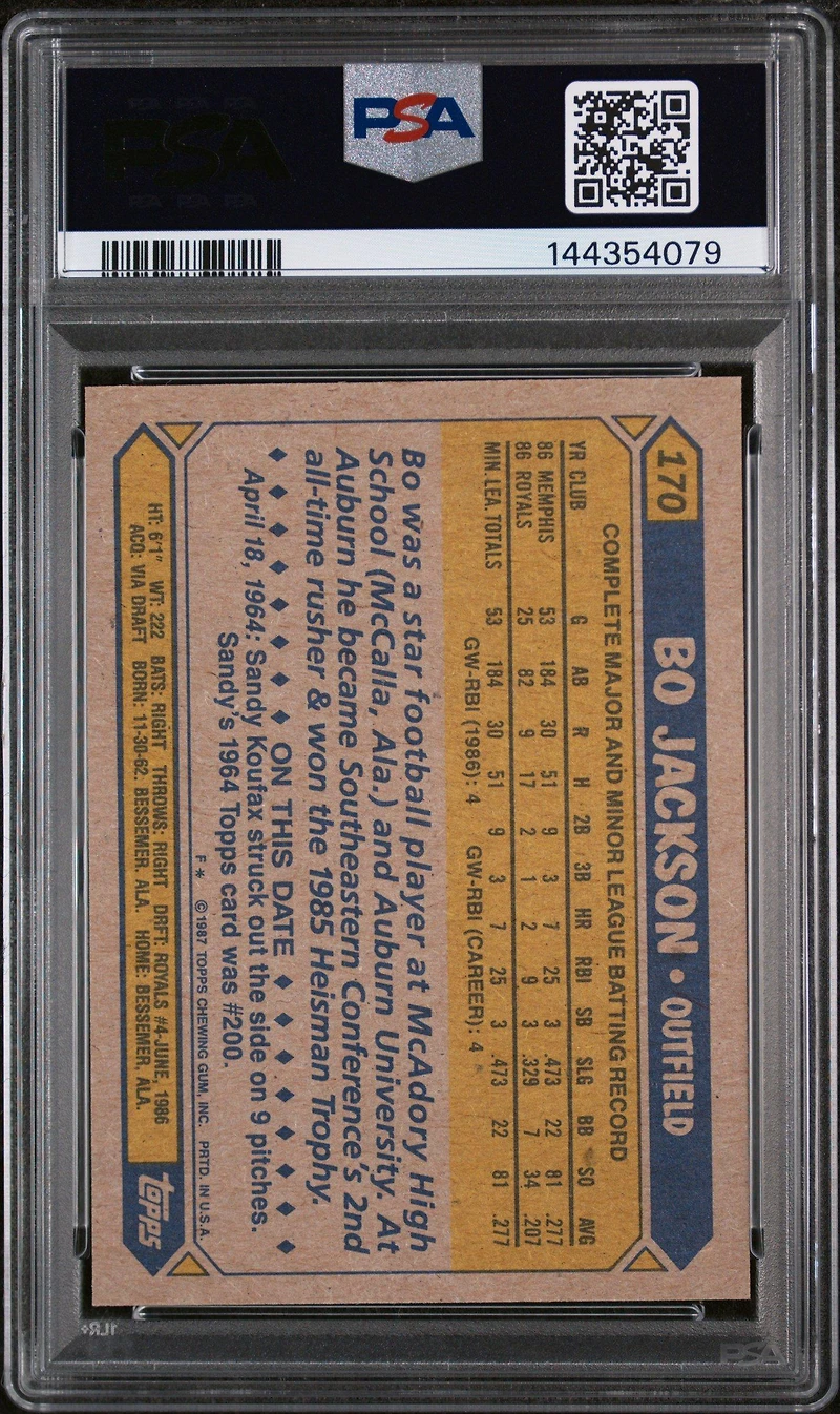1987 Topps 170 Bo Jackson Future Stars PSA 10