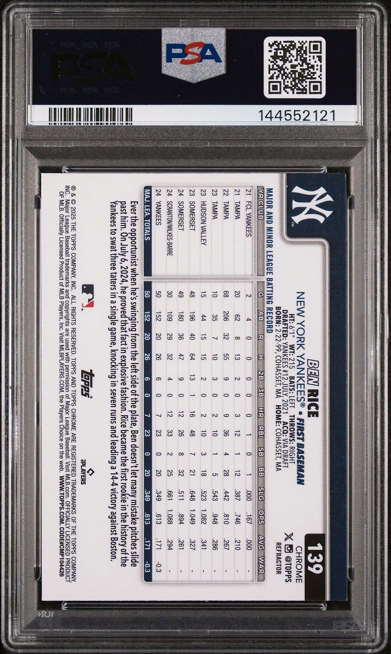 2025 Topps Chrome 139 Ben Rice Refractor PSA 9