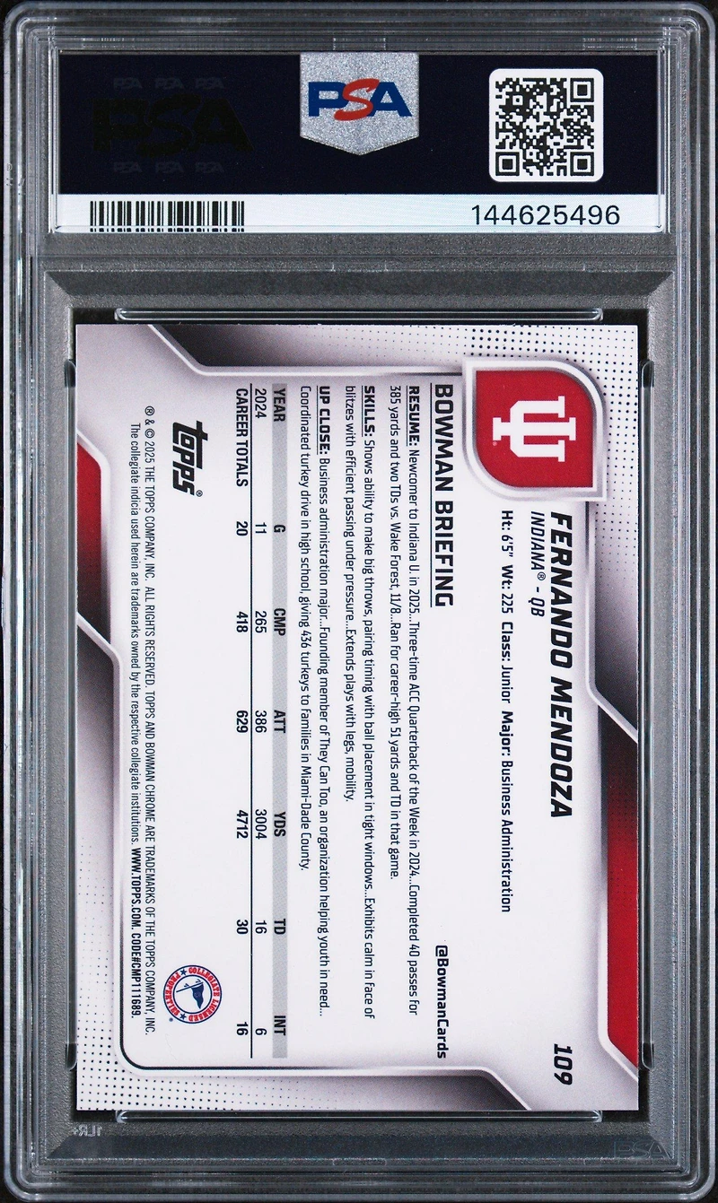 2025 Bowman University Chrome 109 Fernando Mendoza Purple Shimmer PSA 10