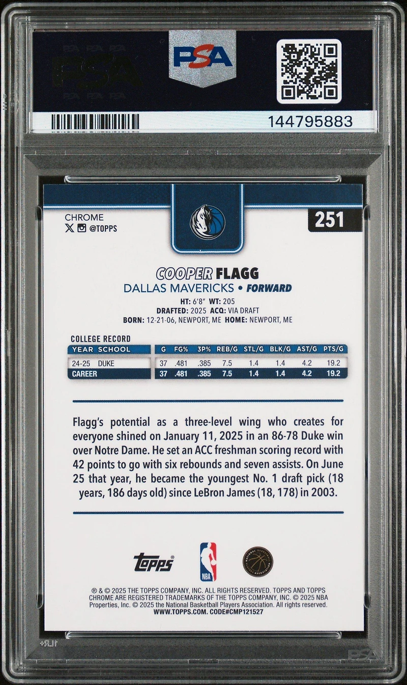 2025 Topps Chrome 251 Cooper Flagg PSA