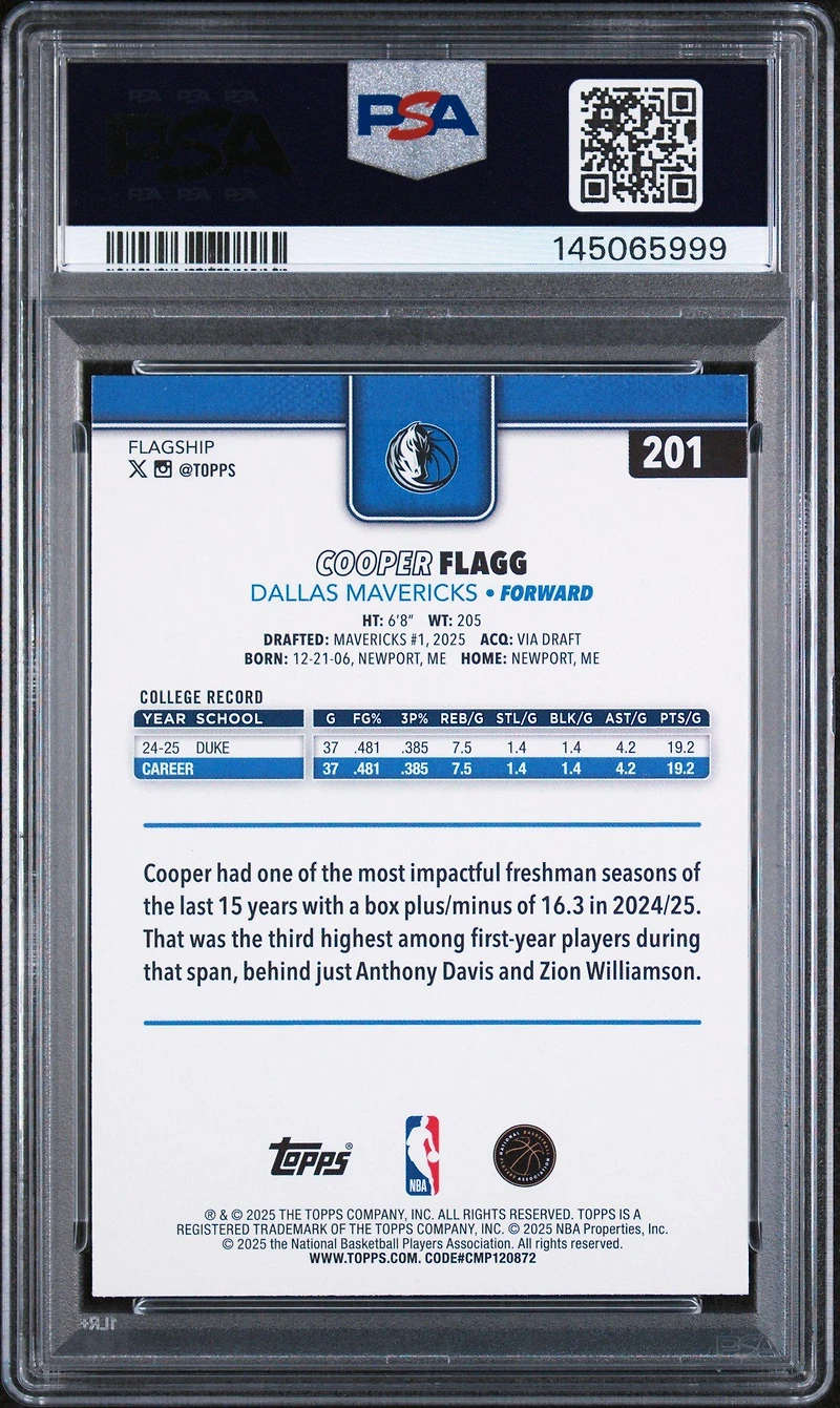 2025 Topps 201 Cooper Flagg Holo Foil PSA 9